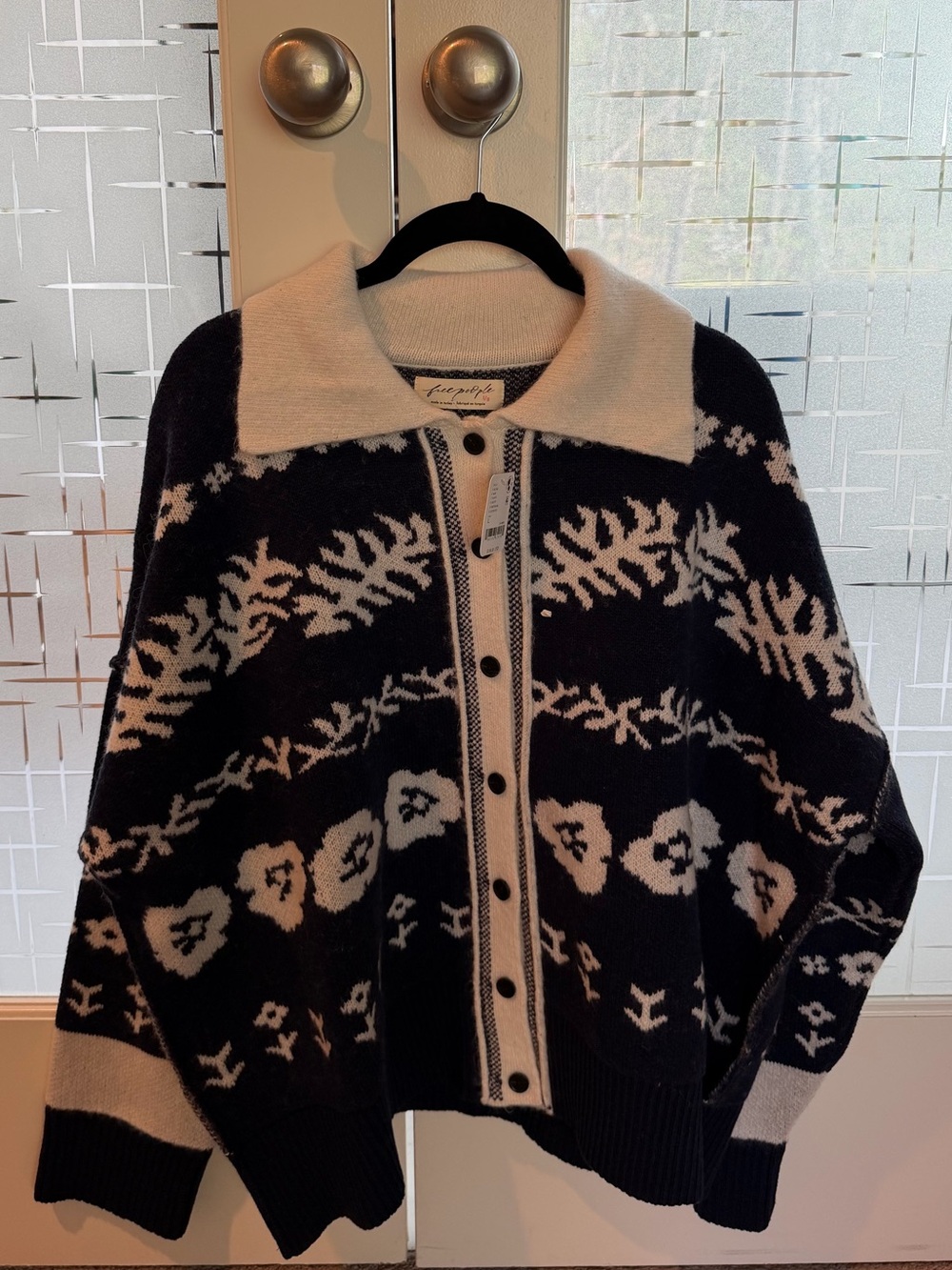 Free People Navy and Cream Button-Front Women’s Sweater